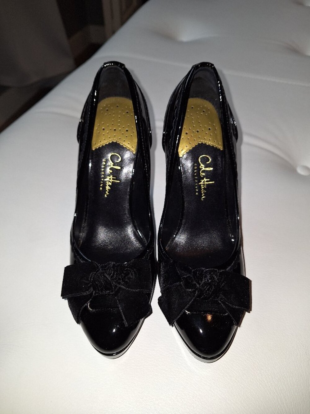 Cole Haan black patent leather heels with velvet bow, Nike Air technology